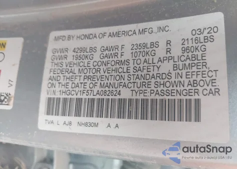 2020 Honda Accord Ex-L из США, поврежденный, VIN 1HGCV1F57LA082624